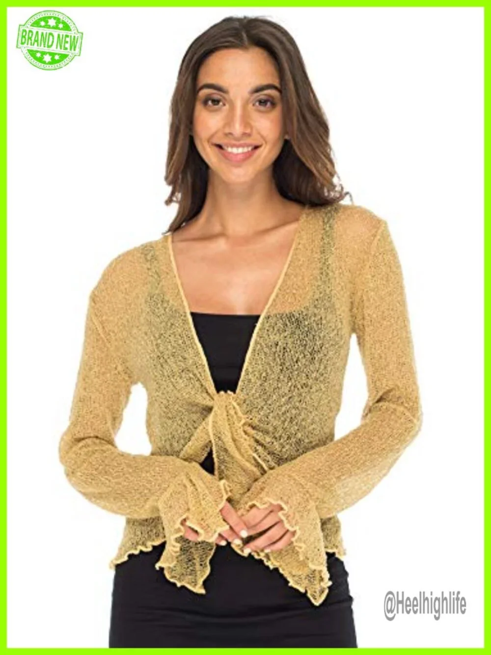 Sheer Shrug Bolero Cardigan Long Bell Sleeves Cropped Lightweight Knit